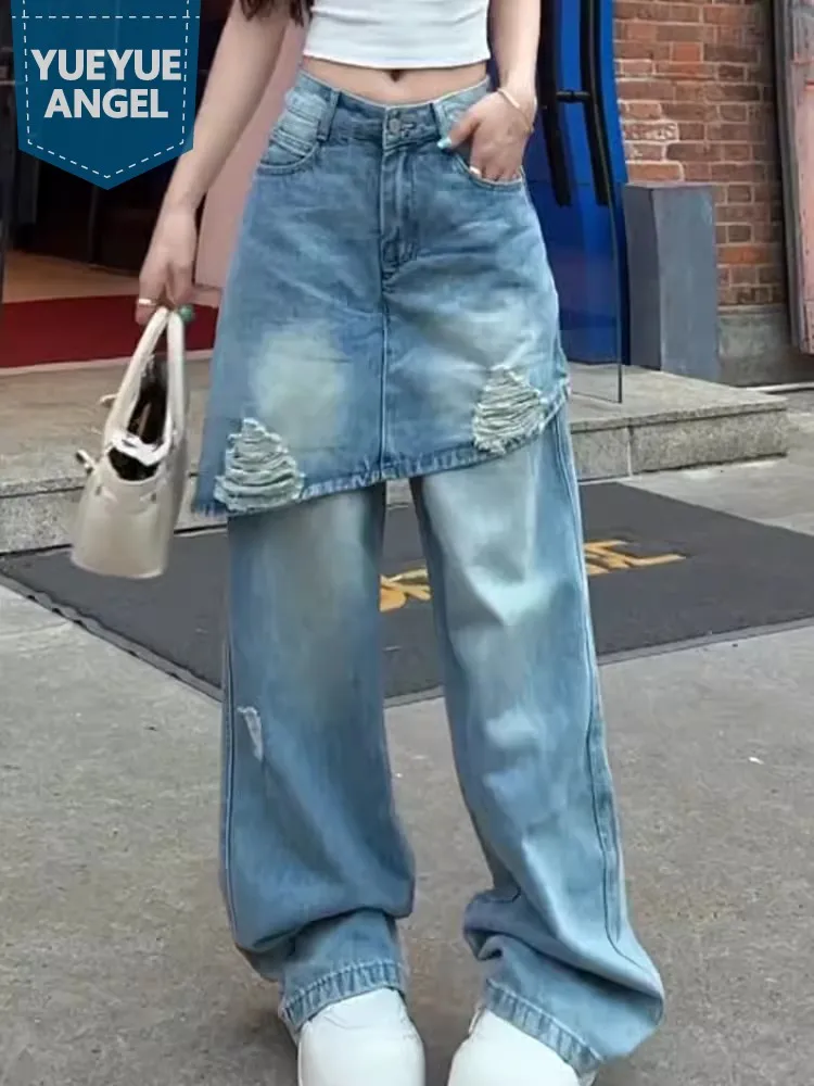 

Fashion Design Spring Summer Women Personality Fake Two Pieces Straight Jeans High Street Hip Hop Casual Wide Leg Denim Pants