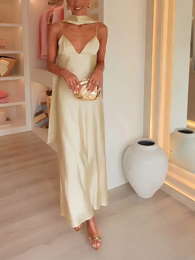 فستان نسائي أنيق مثير من KONDALA فستان كامي سادة بدون أكمام وشاح طويل بدون ظهر موضة 2025 فستان أنيق لربيع وصيف