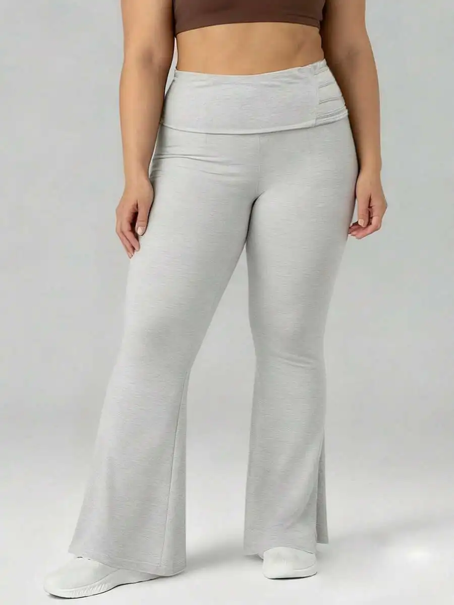 Plus Size Flare Pants For Women Casual Solid Color Fold Over Elastic Waist Long Bell Bottoms For Daily Office Party