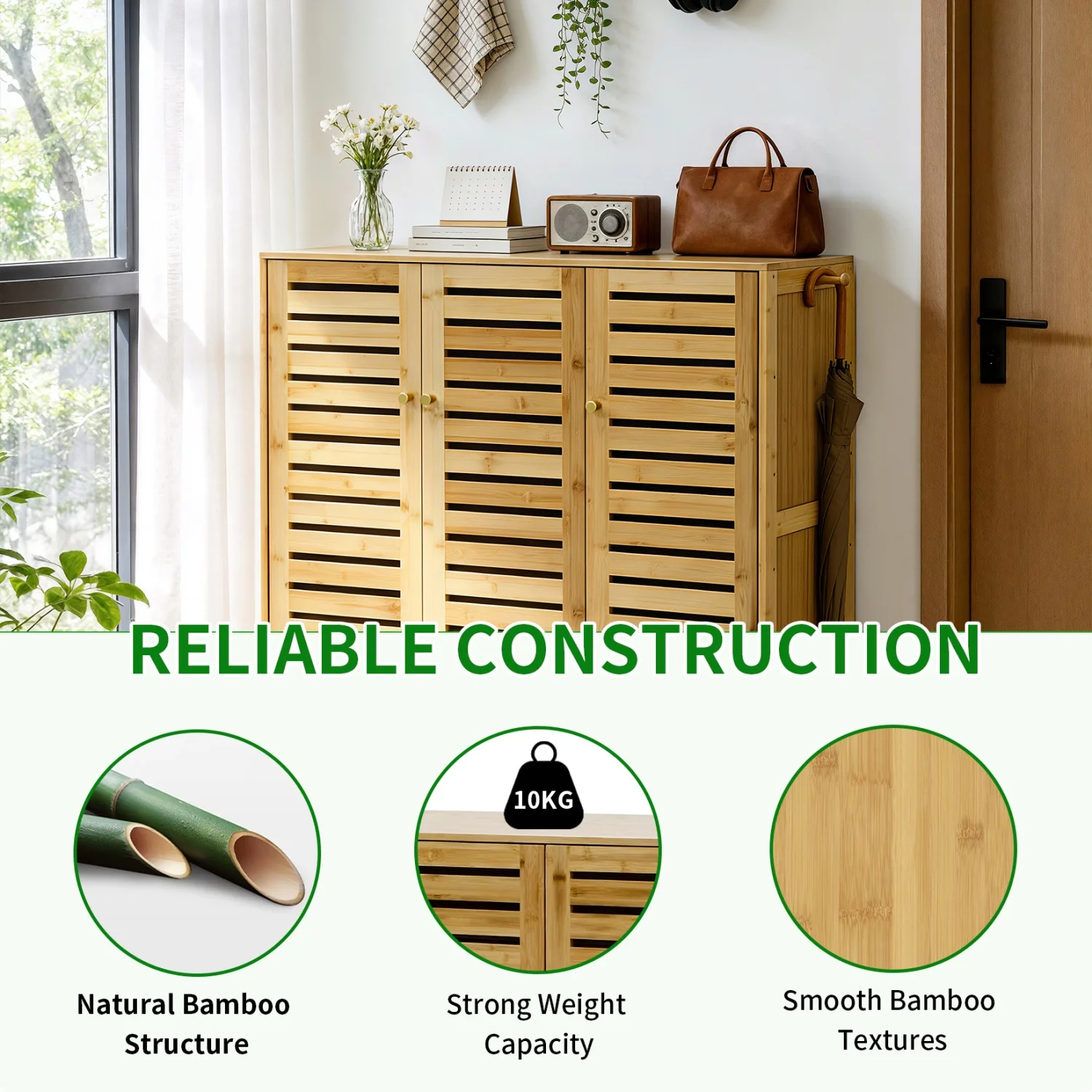 2 Or 3 Doors Bamboo Shoe Storage Cabinet 5 Tiered Shelves Organizer Rack for Entryways Hallways with Ventilated Slatted