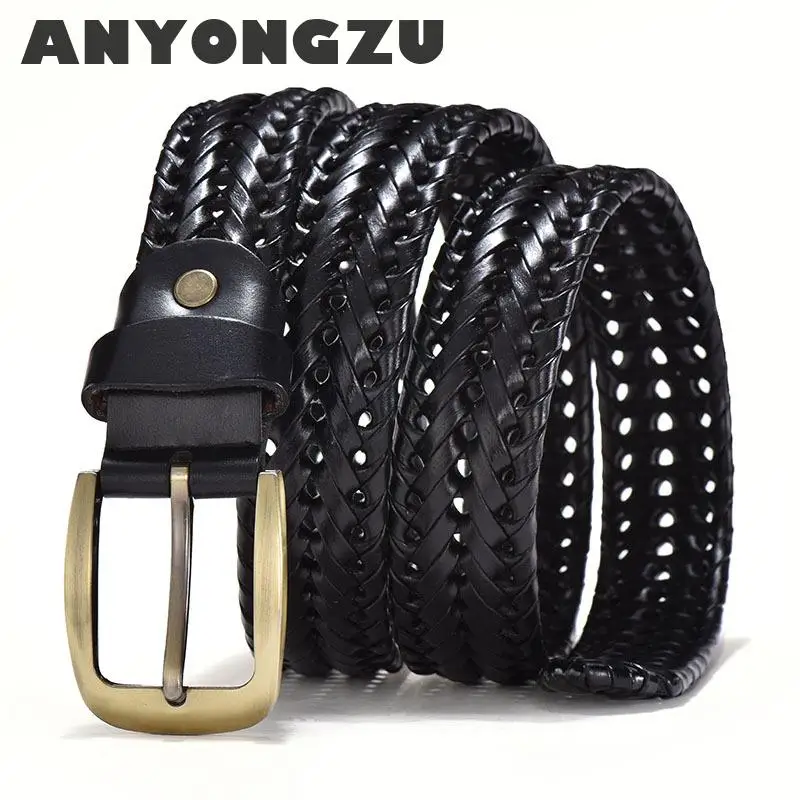 

Manual Knitted Two Layers Cowhide Men Women Belt Pure Colour Leisure Charming Breathable Needle Buckle Waistband