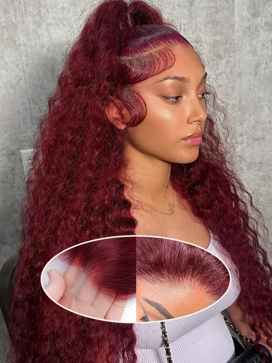 

40 Inch Long-length & 200% High Density 99J Burgundy Deep Wave Curly Wine Red Human Hair Wigs HD Transparent Skin-melt Swiss Lace Frontal Wig For Women