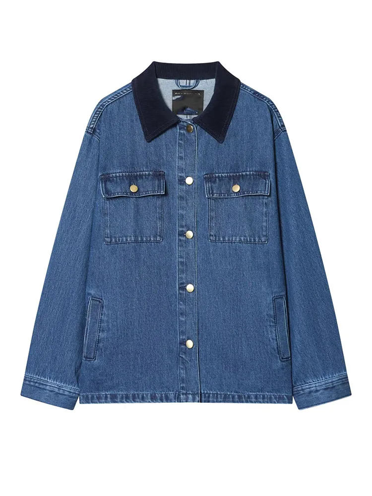 

HH Women Fashion Versatile Single Breasted Corduroy Collar Denim Jacket Female Loose High Street Casual Long Sleeve Coat Mujer