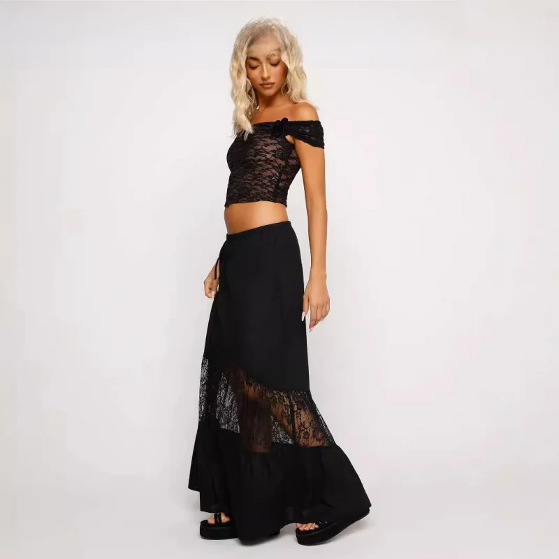 

Сексуальная облегающая юбка А-силуэта из полиэстера с вышивкой, на шнуровке, средней длины, без растяжения