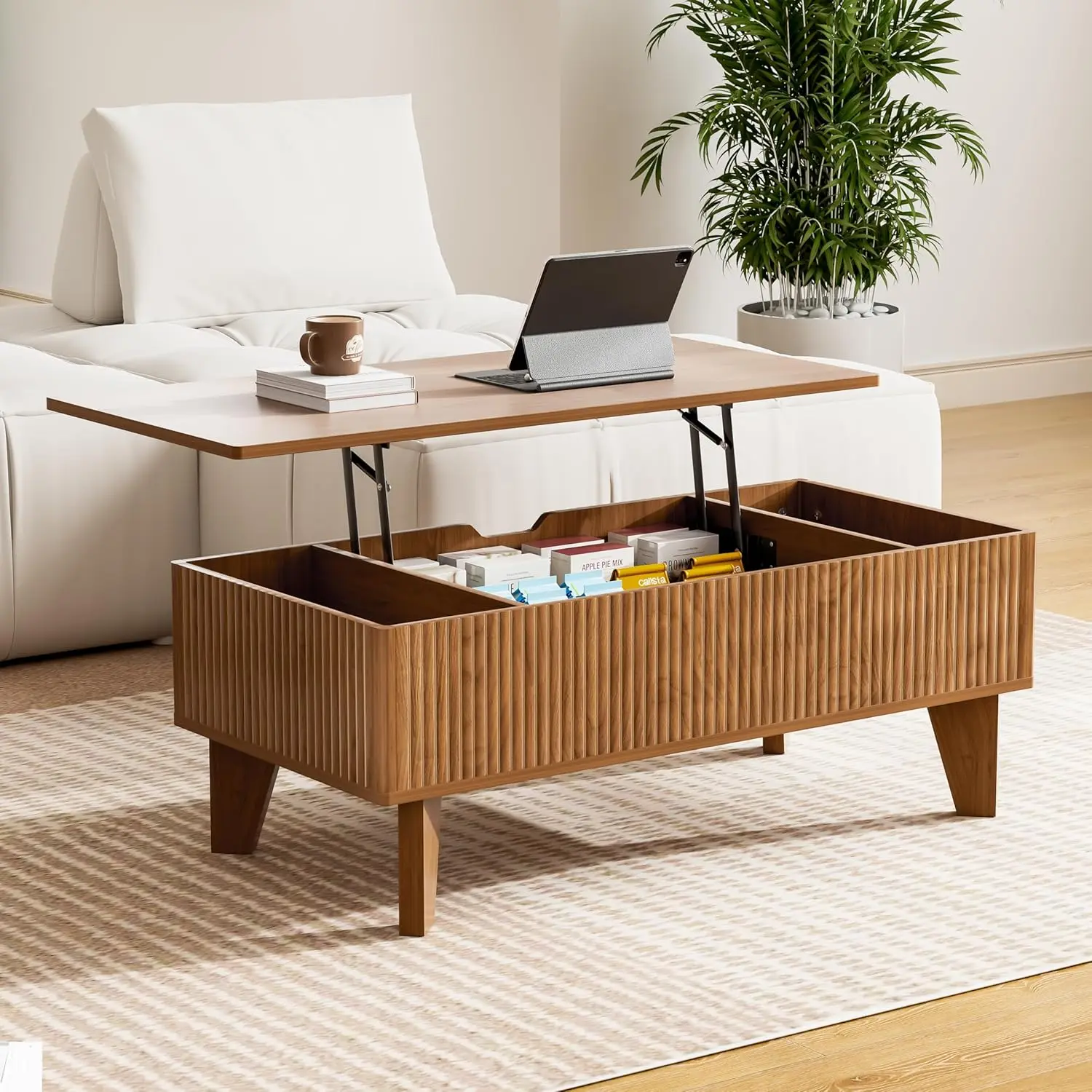 

Rectangular Lift Top Coffee Table with Storage, 41.5" Mid Century Modern Center Table for Living Room, Wood Fluted, Customized