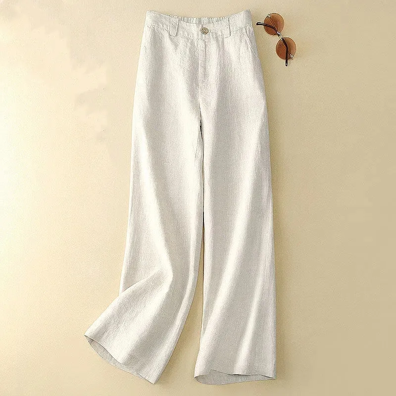 

Linen Wide Leg Pants New Summer Thin Casual Solid Long Pants Women Elastic High Waisted Loose Cotton and Linen Straight Trousers