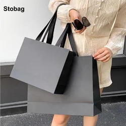 StoBag 10pcs Black Shopping Bag Cardboard Tote Shoulder Clothes Gift Package Women Handbag Portable Custom Logo(Extra Fee)