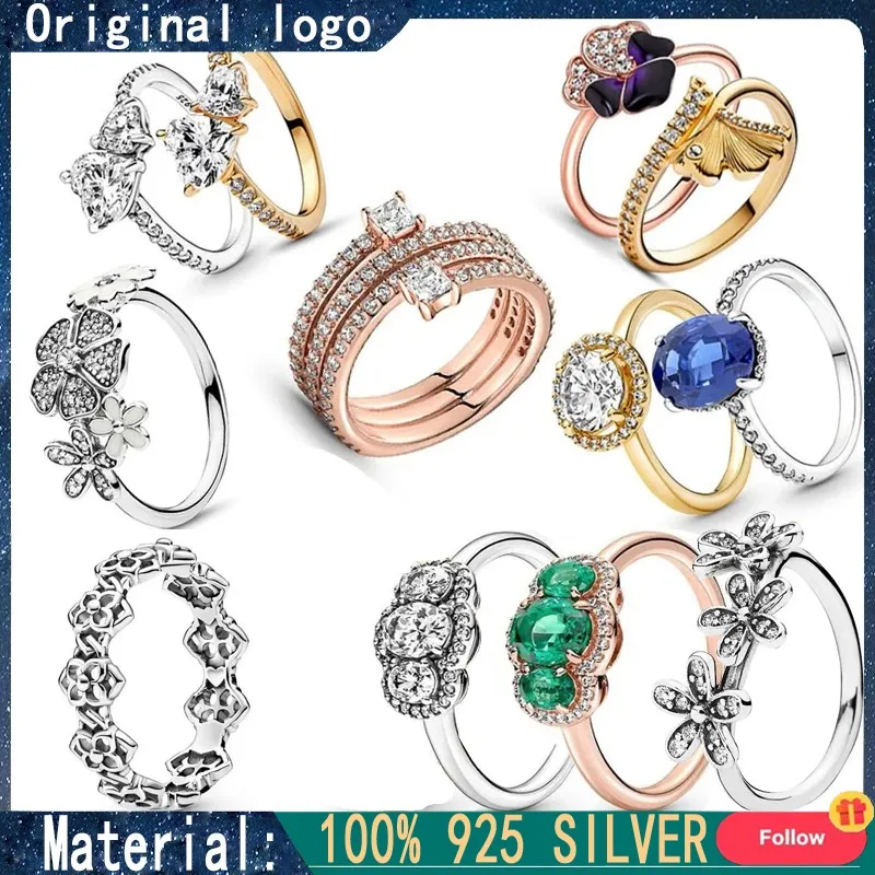 Anillo de corona con logotipo Original para mujer, Plata de Ley 925, estrella de Ginkgo, corazón, joyería DIY, regalo de alta calidad, nuevo