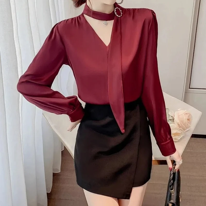 Temperament Chiffon Loose Blouse Spring Autumn New V Neck Solid Long Sleeve Elegant Shirt Tops Vintage Fashion Women Clothing