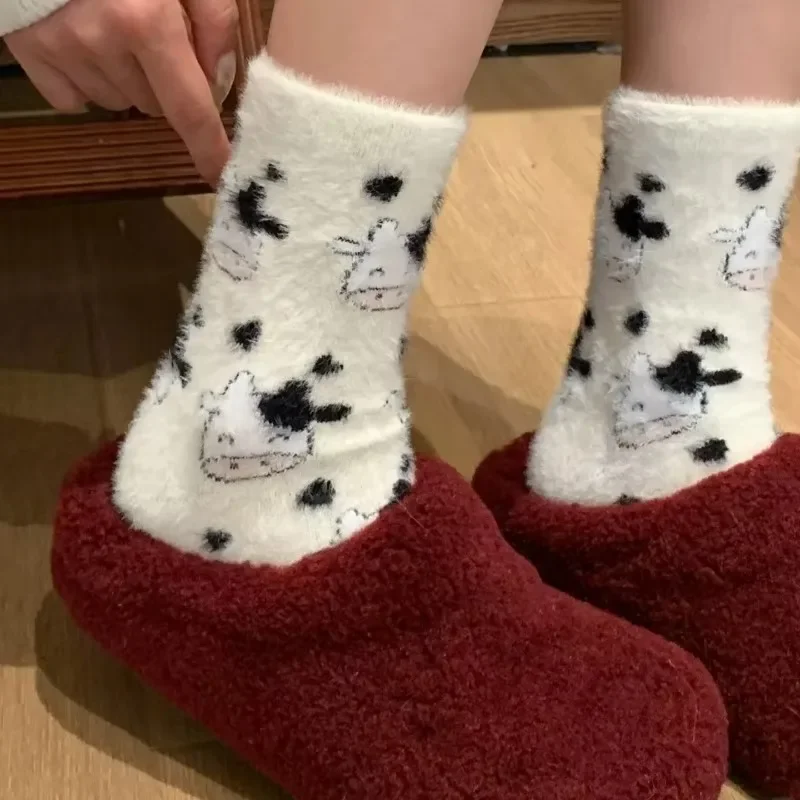 Winter/Fall Warm Socks Faux Mink Fur Cute Cow Pattern Loose Socks Mid-calf Thicken Style Plush Home Floor Sleeping Stockings