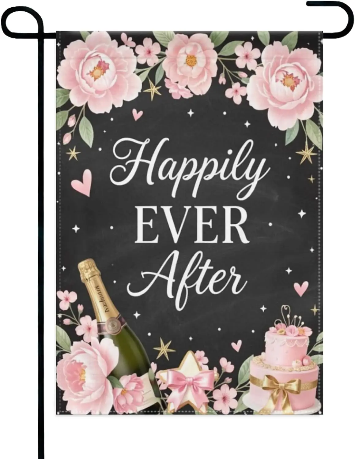 Happily Ever After Wedding Garden Flag 12x18 Inch Double Sided – Floral Champagne Cake Outdoor Yard Decoration for Porch Law IIC