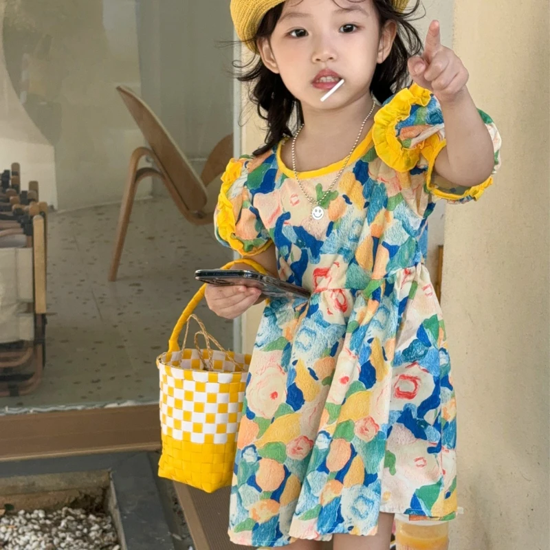 

2026 Spring/Summer New Children's Big Flower Bright Contrasting Color Lotus Sleeve Dress