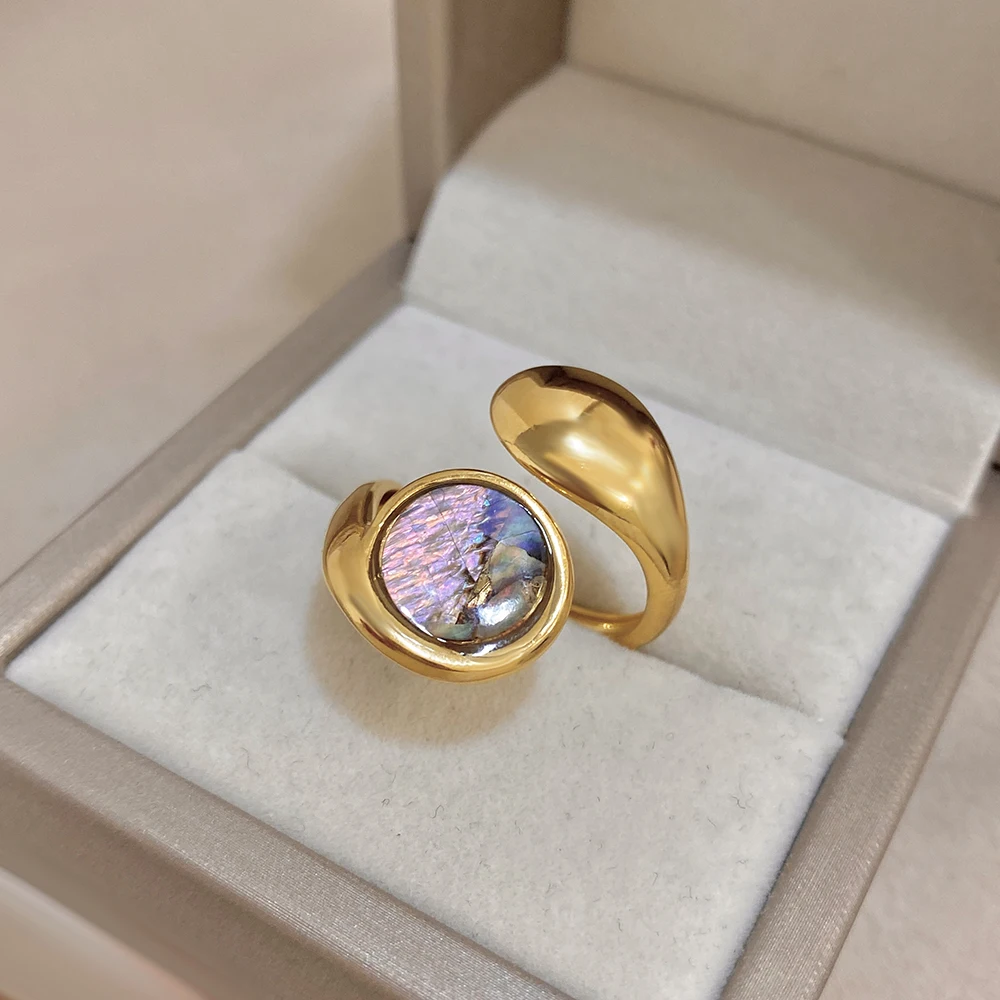 Chic Abalone Shell Geometric Twisted Open Ring for Women Irregular Curved Gold Plated Stainless Steel Finger Rings Party Jewelry