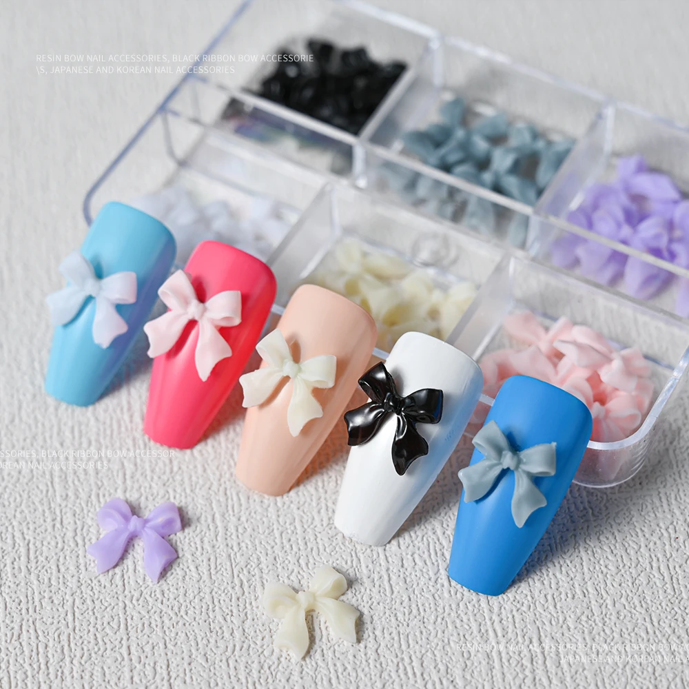 1 Box rosa/weiß/schwarz Harz Flatback Bogen Nail Art Charms 6 Gitter (30 Stück) süße Schleife Nageldekorationen für Acrylnägel Maniküre – Detail 1