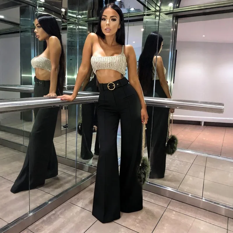 

Женские брюки GUWU с высокой талией, металлическим кольцом на поясе, широкими штанинами, черные, прямого кроя