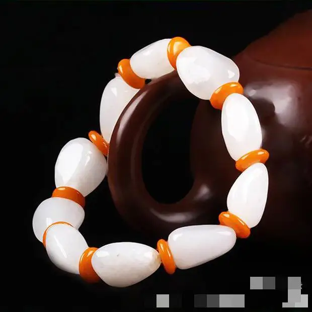 Natural White Jade Tumbled Stone Bracelet Men Women Genuine Raw Jades With Skin Nephrite Seed Stone Beads Bracelets Bangle