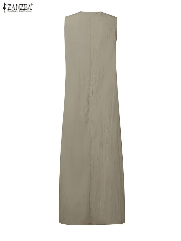 ZANZEA Elegante Vestito Estivo Lungo Delle Donne Senza Maniche Pieghettato Fasciatura Maxi Abiti 2025 Moda Estate Vintage Solido Casual Party Robe