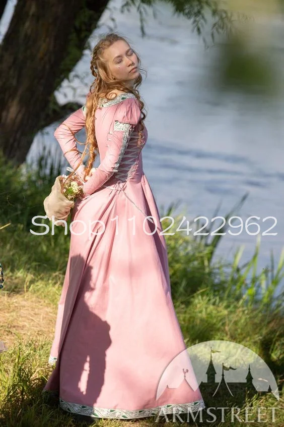 Pink Mint cotton Poplin Evening Dresses Fairy Long Sleeve Bustle Renaissance Medieval Outfits Autumn Princess Prom Gown