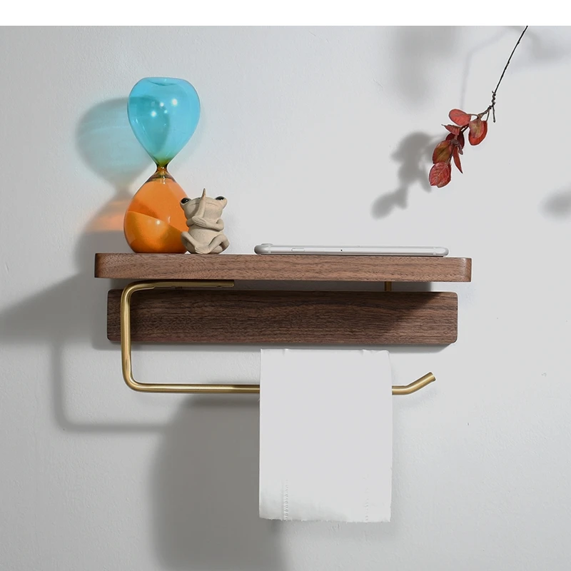 Wooden Tissue Holder Punch-free Toilet Roll Mobile Phone Vase Shelf Box Modern Simplicity Home Bathroom Wall