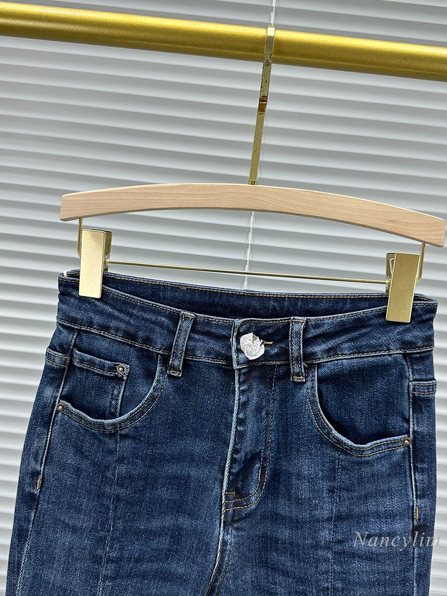 European Fashion Split Skinny Jeans for Women Trendy 2024 New Autumn High Waist Slim Fit All-Match Rhinestone Blue Denim Pants
