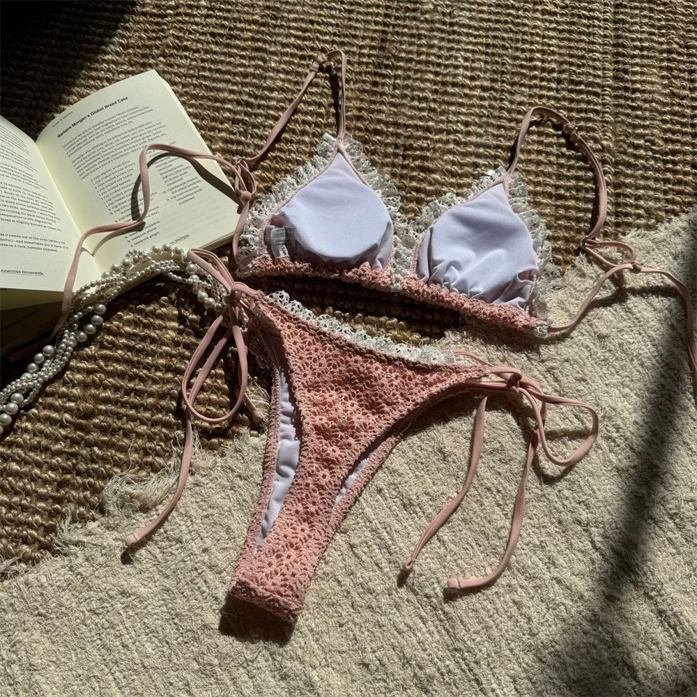 Kawaii Bowknot String Bikini Lace Border Swimsuit Hollow Swimwears Women Backless Bikinis Y2K Swimming Beach Outfit Bathing Suit