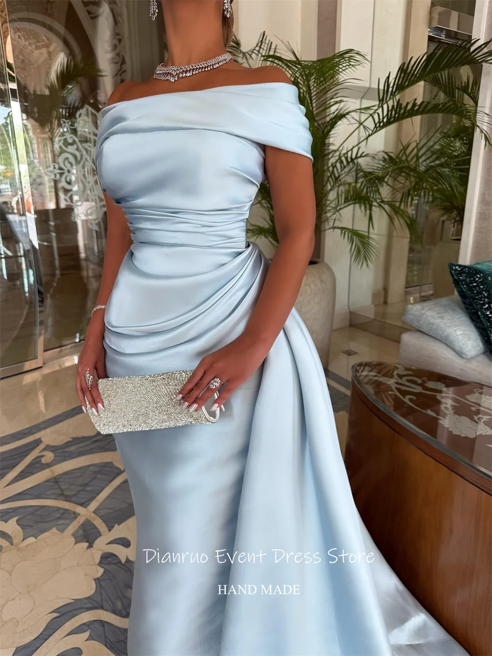Dianruo Dubai Vestidos de noche de sirena con pliegues y hombros descubiertos Satén فساتmaveraAzul claro 2025 Vestidos de fiesta personalizados