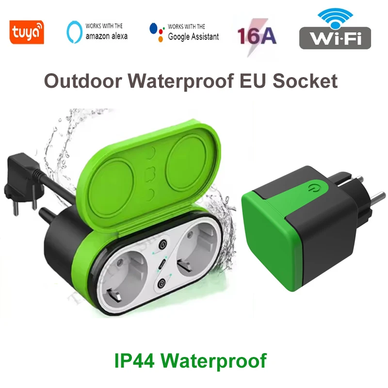 Tuya EU 16A Wifi Smart Outdoor Plug Switch Socket IP44 Waterproof Smart Double Socket Timer APP Voice Control Via Alexa Google
