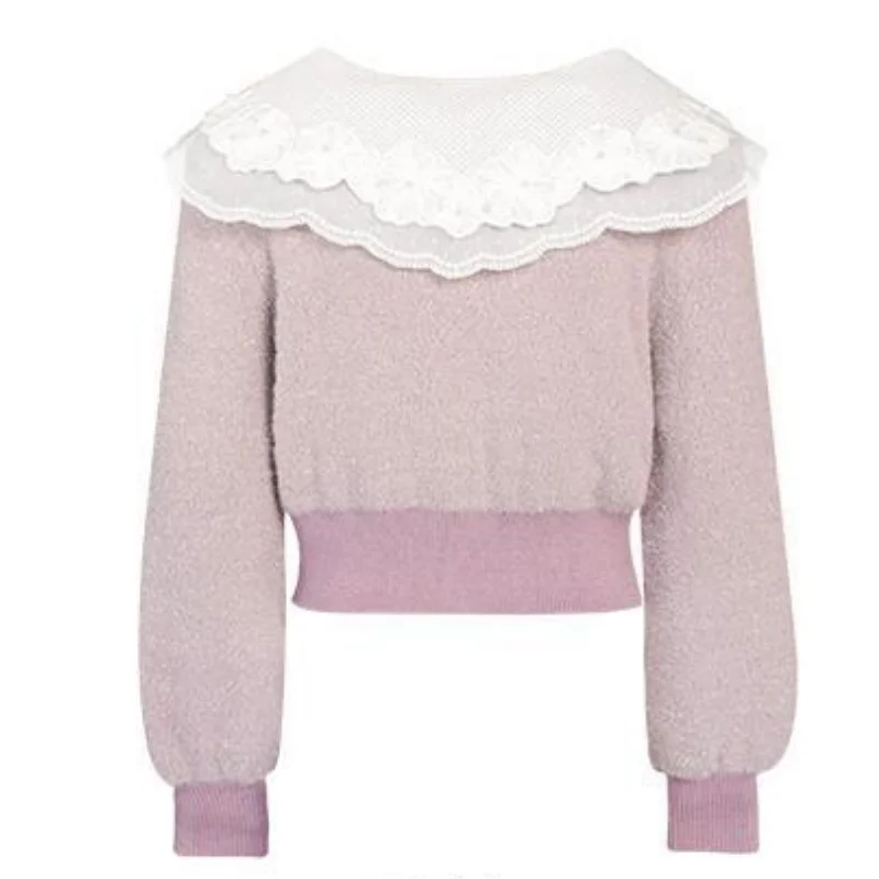 

Autumn Winter New Double Layer Embroidery Lapel Sweater Women Korean Fashion Slim Waist Jacket Women Casual Female Knit Coat
