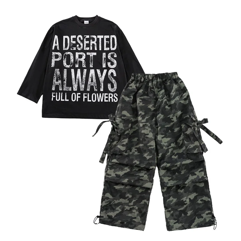 Jungen K-Pop Cool Print Kapuzenweste Street Dance Camo Hosen Kostüm Jungen Hip Hop Langarm Top Gruppe Streetwear Kleidung Sets
