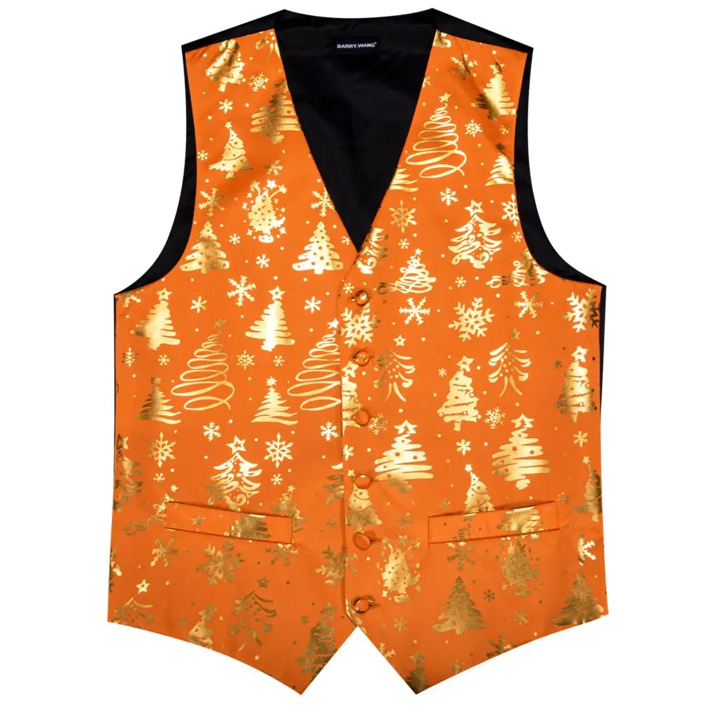 Christmas Mens Vest Silk Orange Gold White Green Red Blue Snowflake Gift XmasTrees Waistcoat Bowtie Set Party Barry Wang