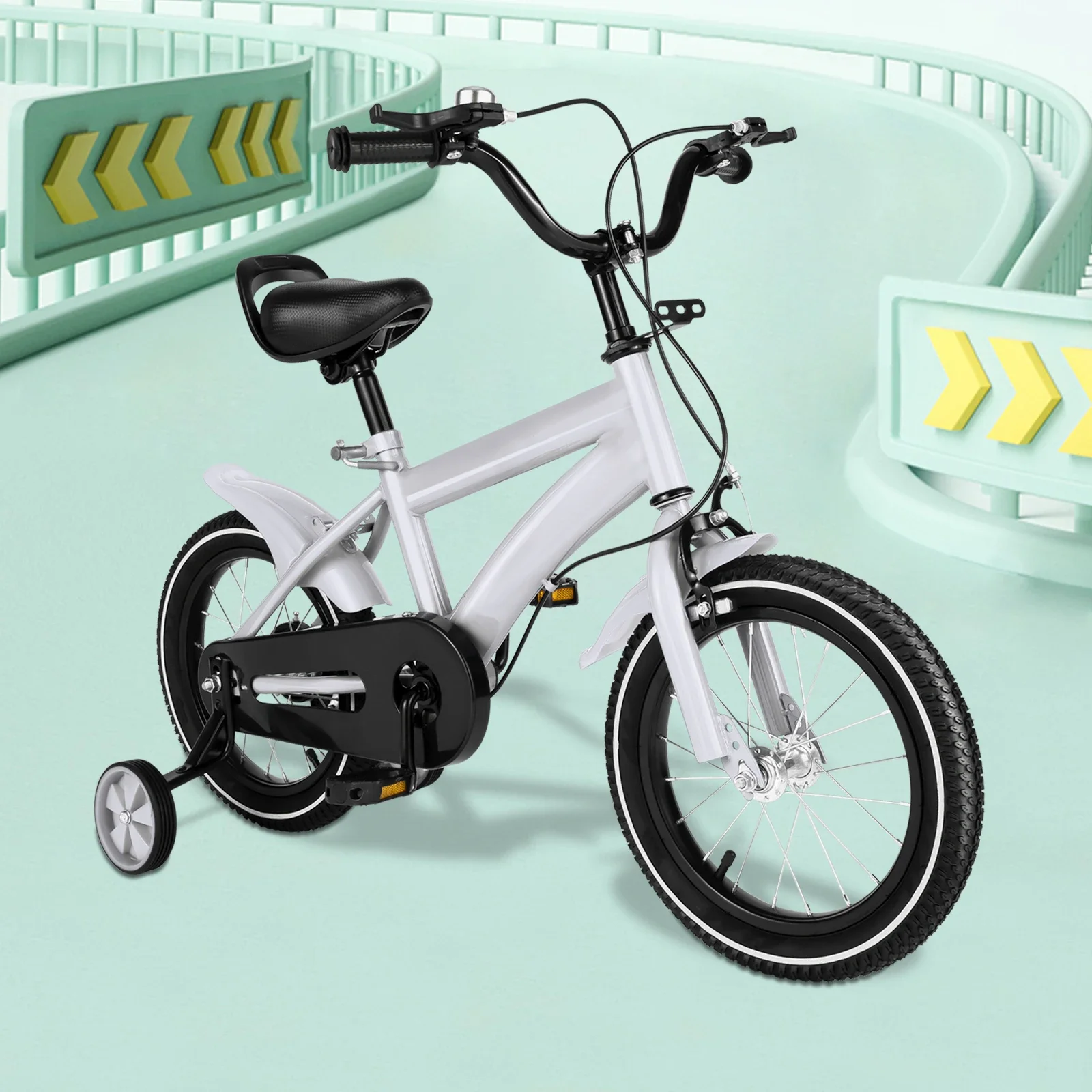 

14-дюймовый белый детский велосипед, регулируемые велосипеды с 2 тренировочными колесами и несущей способностью 110 фунтов для мальчиков и девочек