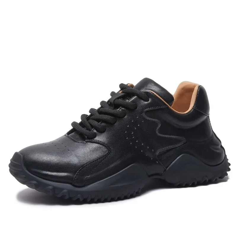 White Horse Skin Daddy Shoes for Men's Fashion Height Increasing Shoes Breathable Horse Leather Hand-sewn Casual Sports Shoes