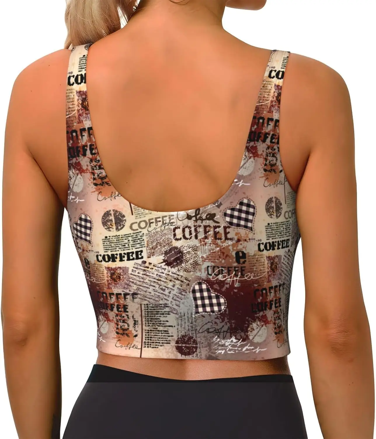 Vintage Coffee-Print Neck Yoga Crop Tank Tops Fitness Exercise Workout Running Top Removable Pads Outfits Soft