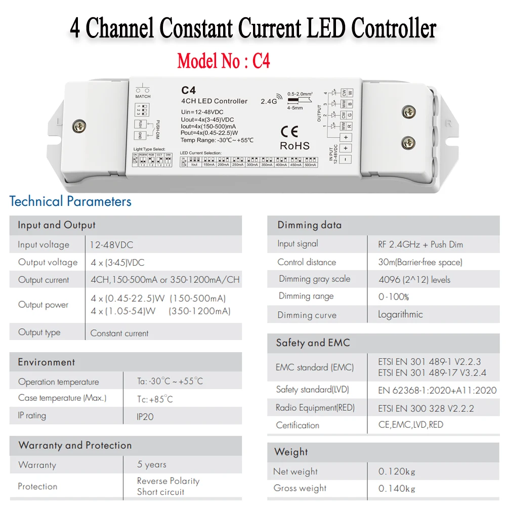 CENFANYA Constant Current LED Controller 4CH Dimmer DC12-48V Multiple current 150-1200mA For RGBW RGB CCT Single Color LED Strip
