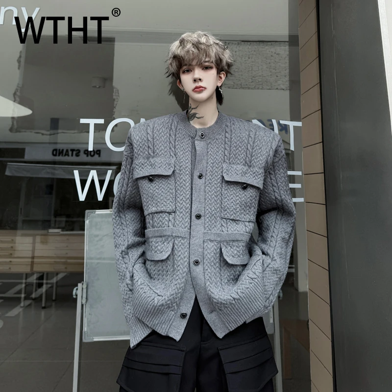 

WTHT модный новый мужской лоскутный вязаный свитер с большими карманами, модные однобортные топы с круглым вырезом, мужской осень 2023, 2A2068