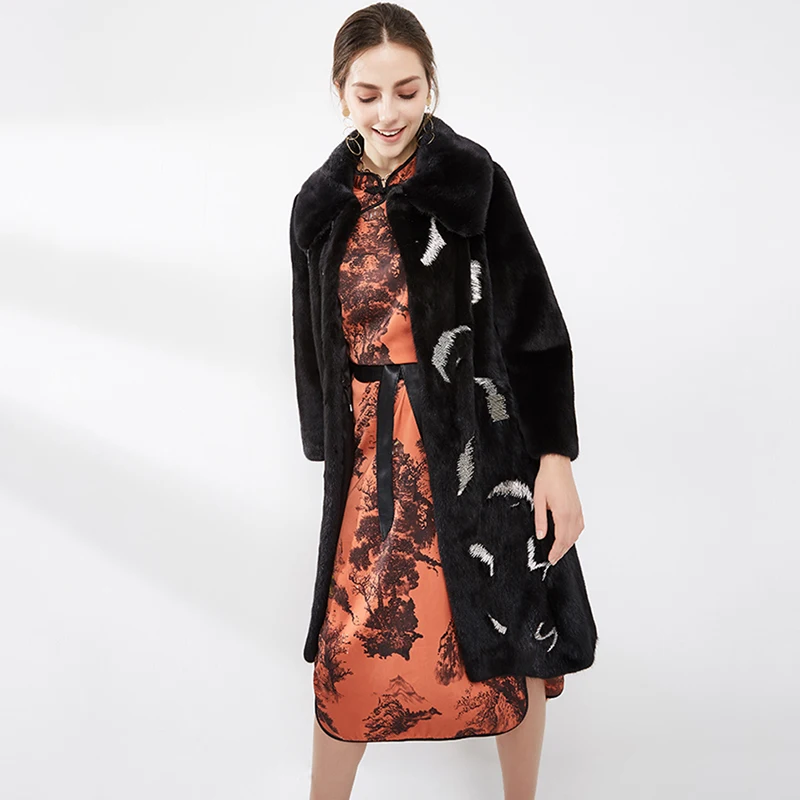 Ftangaiur 겨울 여성용 수입 벨벳 밍크 퍼 코트 턴다운 칼라 밍크 코트 여성 재킷 엑스트라 롱 천연 리얼 밍크 퍼 코트