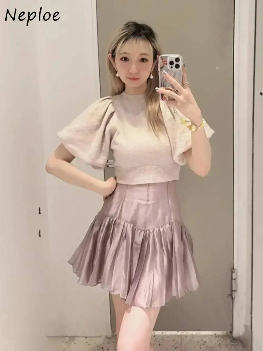 기질 O 넥 퍼프 슬리브 스위트 점퍼 올 매치 니트 캐주얼 패치 워크 풀오버 일본 모다 솔리드 우아한 니트