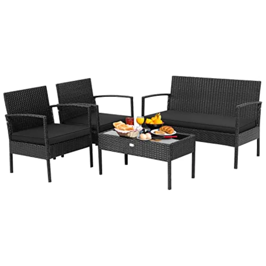 

Tangkula 4 Piece Patio Rattan Conversation Set Outdoor Wicker Furniture Set W/Glass Coffee Table Solid Steel Structure Ergonomi