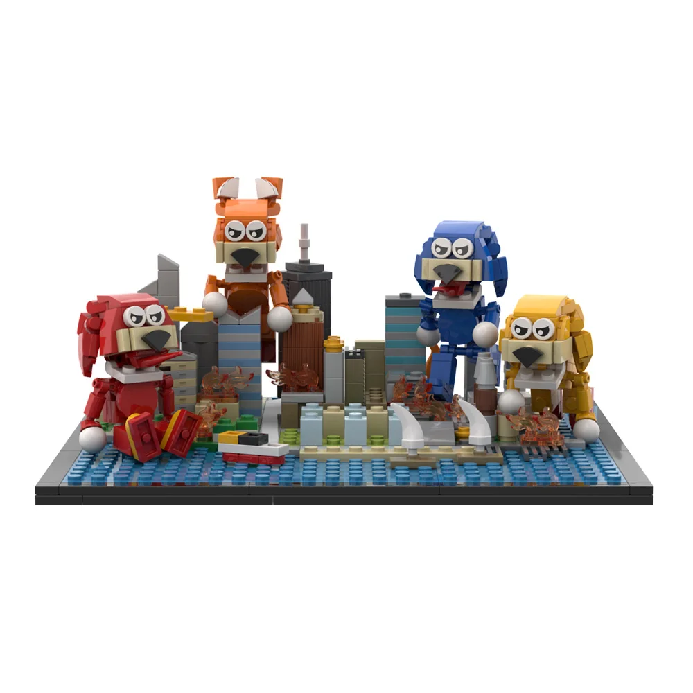 MOC Sonices Scene Model Building Blocks Cartoon Animated Animals Figure Sonices Destruction City Series Assembled Brick Toy Gift