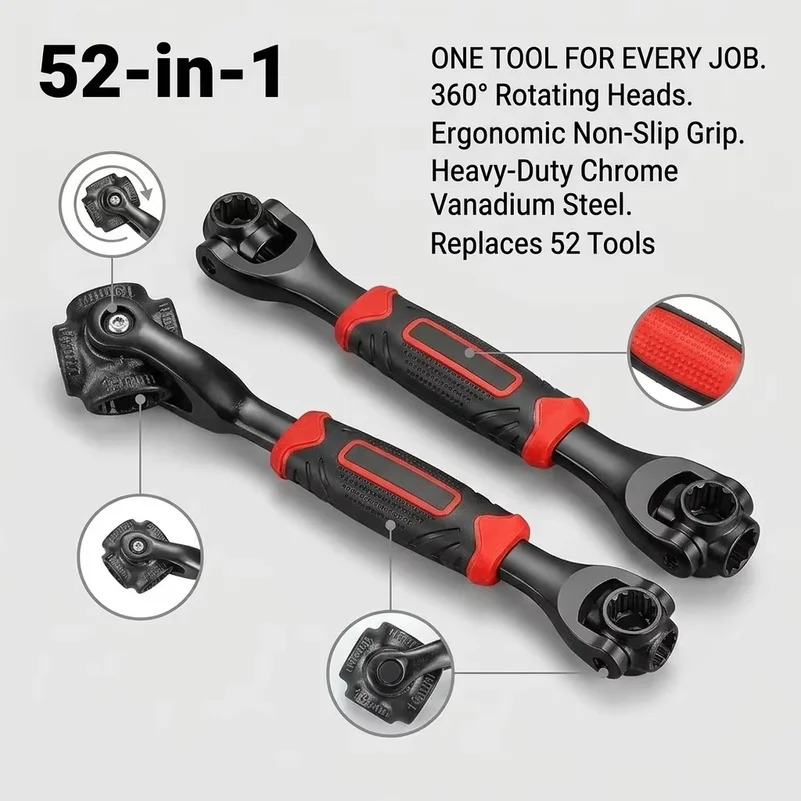 52-in-1 Multi-Functional Socket Wrench Set 8-in-1 8-21mm Non-Slip Handle & Rotating Bone Design - Universal Wrench