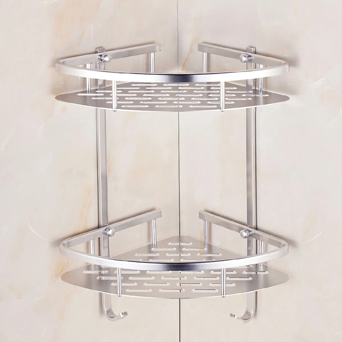 

2-Tier Aluminum Bathroom Corner Storage Rack Shower Shelf Wall Mount 360X300Mm Silver Includes Screws Plugs Damage-Free Adhesive