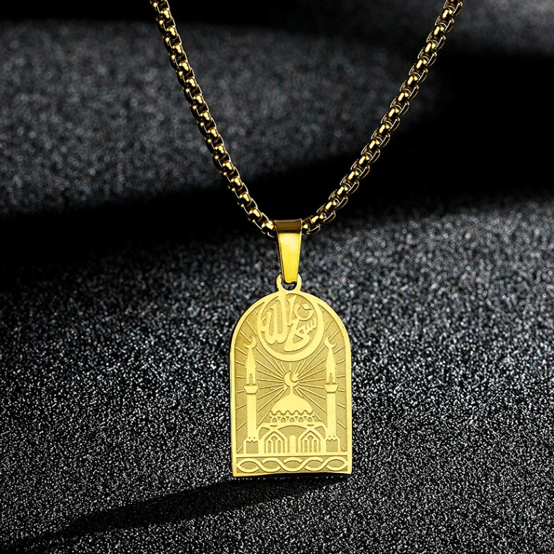 Stainless Steel Allah Necklace Star and Moon Church Islam Muslim Pendant Sacred Cathedral Collar Jewelry with 60cm Popcorn Chain