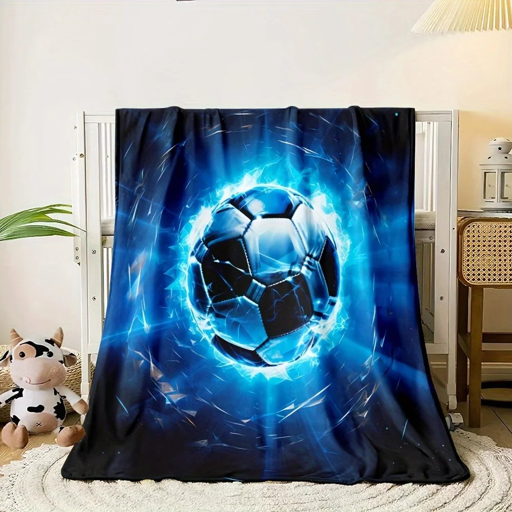 1pc Cozy Blue Lightning Football Print Flannel Blanket Lightweight Throw Blanket For Sofa Bed Livingroom Office Couch Travel Cam