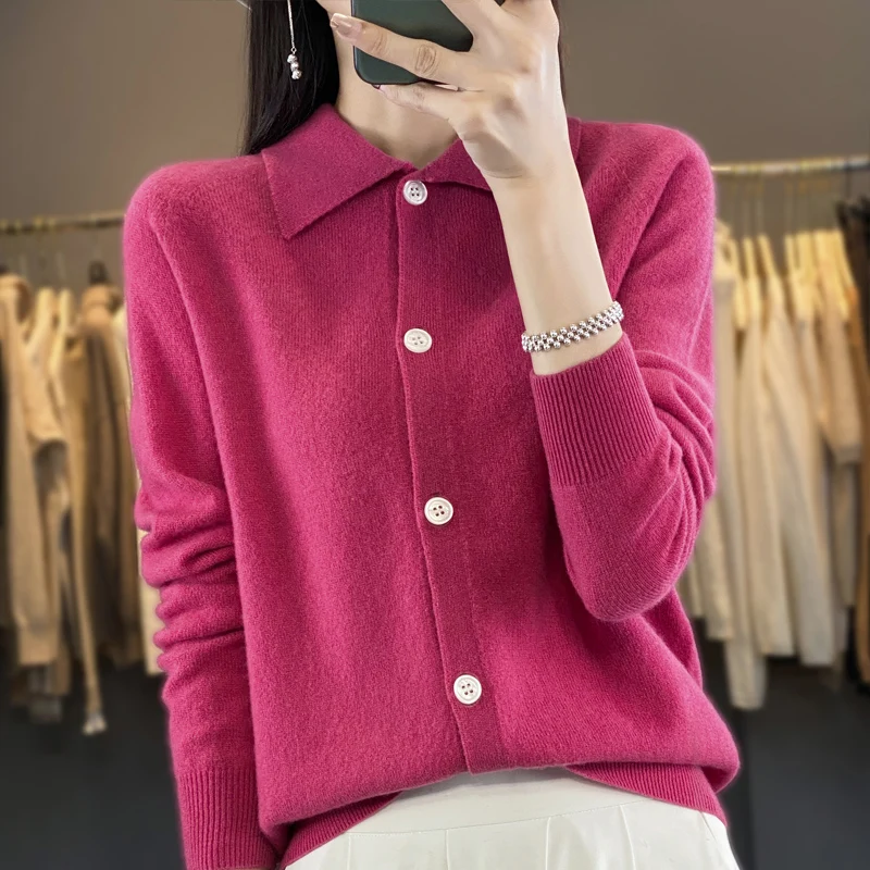 Spring Autumn New Cardigan Women\'s 100% Merino Wool Sweater Female Clothing POLO Collar Knitted Cardigan Slim Fashion Shirt Tops