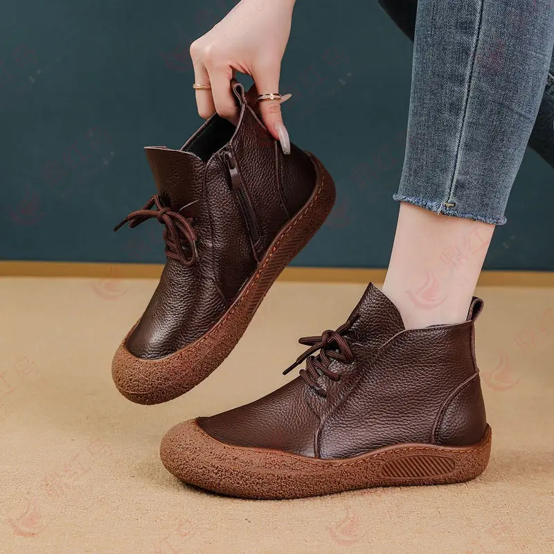 New cow leather ankle boots women laced up waterproof shoes ladies wide fit short boot woman autumn oxfords shoes brown booties