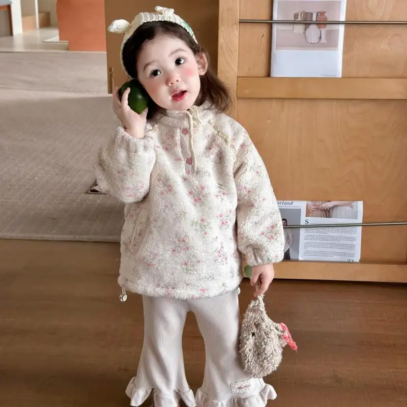 2026 Winter New Baby Girl Long Sleeve Fleece Coat Girls Sweet Floral Coat Plus Velvet Thick Infant Toddler Clothes