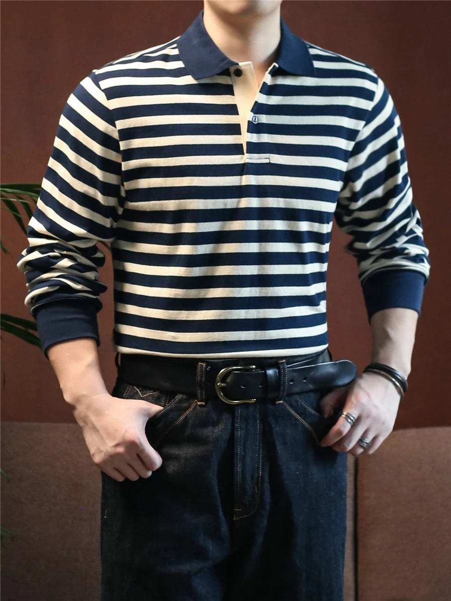 

Retro Pure Cotton Nautical Stripe Long Sve irt Casual Collared Men's Autumn American Sle Casual Wear Stand Fit