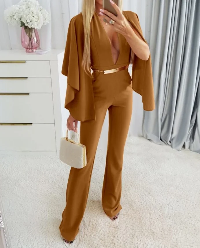 

Jumpsuit Women 2025 Spring New Fashion Plunge Irregular Sleeve Sexy Jumpsuit Zipper High Waist Elegant Long Romper with Belt