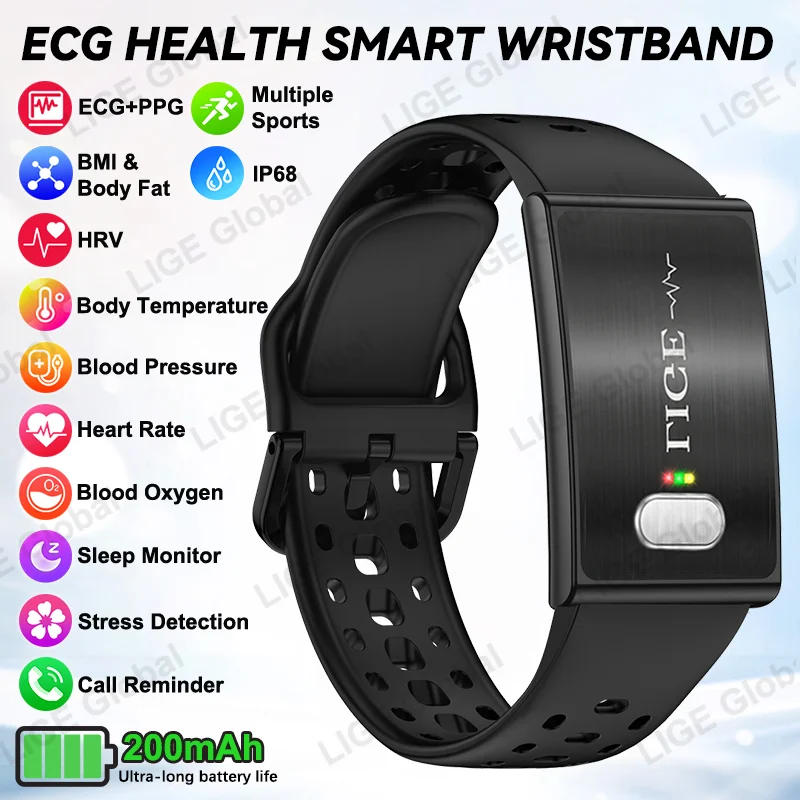 LIGE ECG+PPG Men Smart Bracelet HRV Body Fat BMI Blood Pressure Body Temperature Nursing Grade Women Health Sports Smartwatch