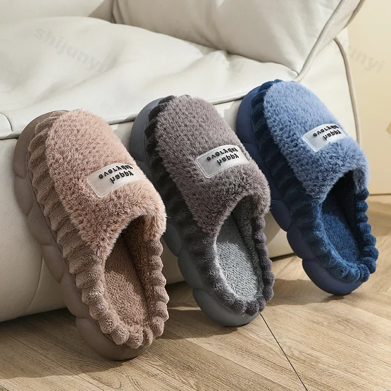 Cotton Slippers for Men Casual Plush Indoor House Slip on Shoes Comfort Fur EVA Soft Flip Flops Winter Warm Plush Shoes for Men